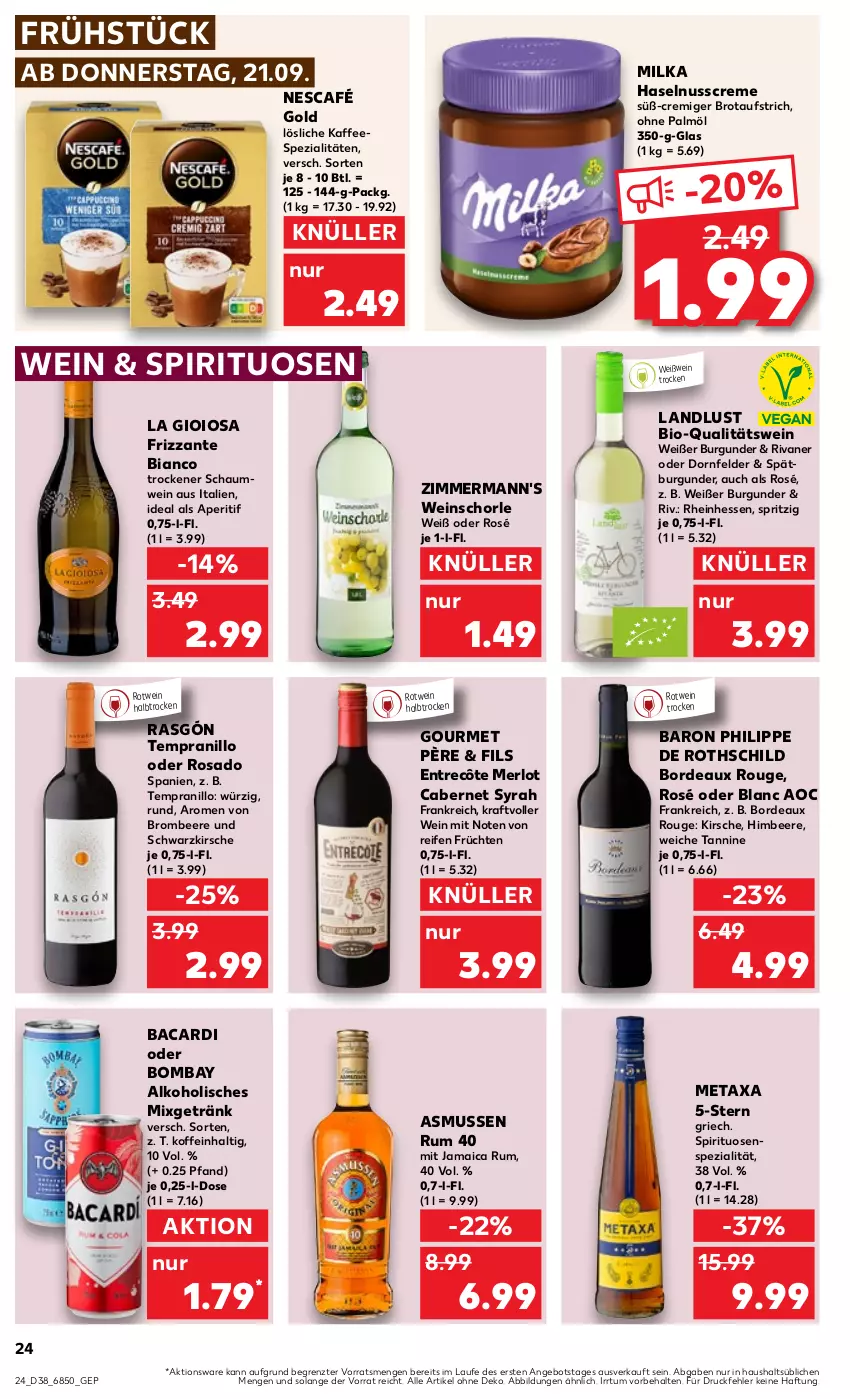 Aktueller Prospekt Kaufland - Prospekt - von 21.09 bis 27.09.2023 - strona 24 - produkty: alkohol, angebot, aperitif, aufstrich, bacardi, beere, bio, brombeere, brot, brotaufstrich, burgunder, cabernet, creme, dornfelder, entrecôte, frizzante, früchte, früchten, getränk, haselnuss, Haselnusscreme, himbeer, himbeere, kaffee, kaffeespezialitäten, kirsch, kirsche, kraft, La Gioiosa, merl, merlot, Metaxa, milka, Mixgetränk, Nescafé, nescafé gold, nuss, ohne palmöl, qualitätswein, reifen, Rivaner, rotwein, rouge, rum, schorle, spätburgunder, Spezi, spirituosen, tempranillo, Ti, wein, weinschorle, Weißwein, ZTE