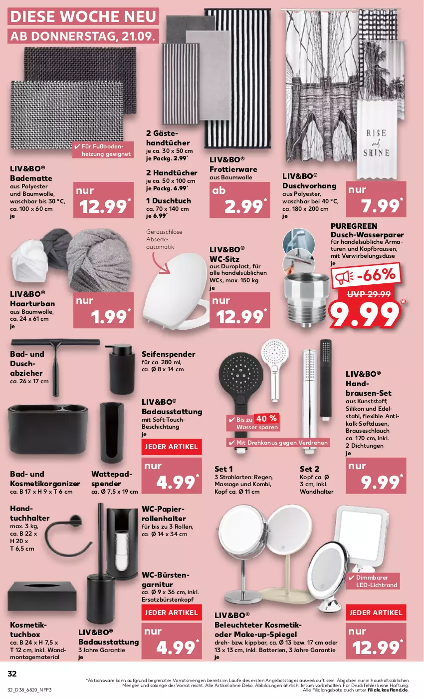 Aktueller Prospekt Kaufland - Prospekt - von 21.09 bis 27.09.2023 - strona 32 - produkty: angebot, angebote, armatur, armaturen, auto, Bad, badematte, batterie, batterien, Bau, baumwolle, brause, brauseschlauch, bürste, bürsten, duschtuch, duschvorhang, edelstahl, garnitur, handbrause, handtuch, handtücher, Handtuchhalter, kosmetik, led-licht, Leuchte, Make-up, papier, Papierrollenhalter, Ria, schlauch, Seife, seifenspender, spiegel, Ti, tuc, tücher, wasser, wattepads, WC-Bürste, wc-sitz, wolle, ZTE