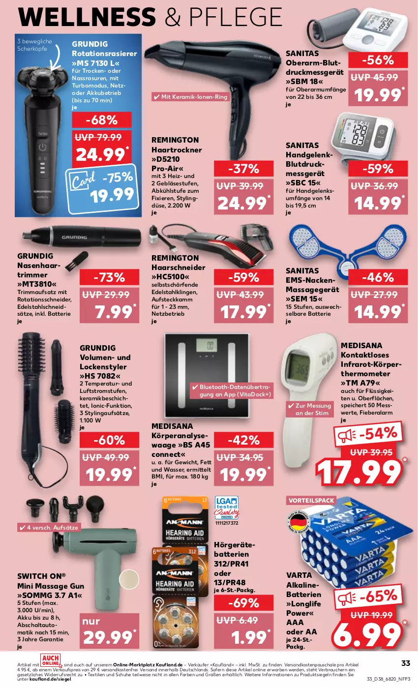 Aktueller Prospekt Kaufland - Prospekt - von 21.09 bis 27.09.2023 - strona 33 - produkty: akku, Analysewaage, auto, batterie, batterien, Blutdruckmessgerät, edelstahl, eis, erde, grundig, haarschneider, haartrockner, isana, longlife, Massagegerät, medisana, ndk, Rana, rasierer, Rauch, reis, remington, ring, sana, Schal, Schale, schuhe, thermometer, Ti, Trockner, varta, versandkostenfrei, vita, Waage, wasser