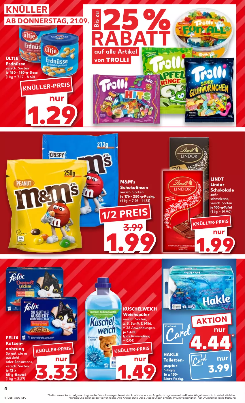 Aktueller Prospekt Kaufland - Prospekt - von 21.09 bis 27.09.2023 - strona 4 - produkty: angebot, beutel, eis, erdnüsse, felix, hakle, hakle toilettenpapier, katzennahrung, Kuschelweich, lindor, lindt, linsen, papier, reis, schoko, schokolade, Schokolinsen, sensations, Ti, toilettenpapier, trolli, ültje, ültje erdnüsse, weichspüler, ZTE