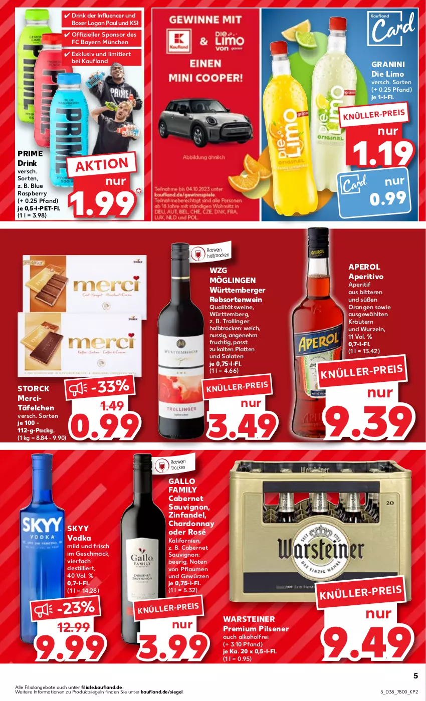 Aktueller Prospekt Kaufland - Prospekt - von 21.09 bis 27.09.2023 - strona 5 - produkty: alkohol, angebot, angebote, aperitif, aperol, Berger, cabernet, cabernet sauvignon, chardonnay, drink, eis, elle, frucht, gallo, gallo family, gewürz, granini, granini die limo, kräuter, kräutern, latte, limo, mac, merci, nuss, orange, orangen, pflaume, pflaumen, pils, pilsener, premium pils, qualitätswein, qualitätsweine, raspberry, rotwein, salat, salate, sauvignon, skyy, Skyy Vodka, steiner, storck, Ti, trolli, trollinger, vodka, warsteiner, wein, weine