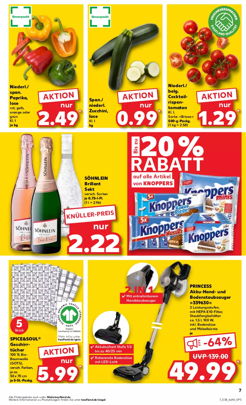 Aktueller Prospekt Kaufland - Prospekt - von 21.09 bis 27.09.2023 - strona 7 - produkty: akku, angebot, angebote, Bau, baumwolle, Behälter, bio, bodenstaubsauger, brillant sekt, bürste, cocktail, eis, geschirr, geschirrtücher, handstaubsauger, knoppers, led-licht, LG, möbel, orange, paprika, rispentomaten, sekt, söhnlein, söhnlein brillant, staubsauger, Ti, Tiere, tomate, tomaten, tücher, wolle, zucchini