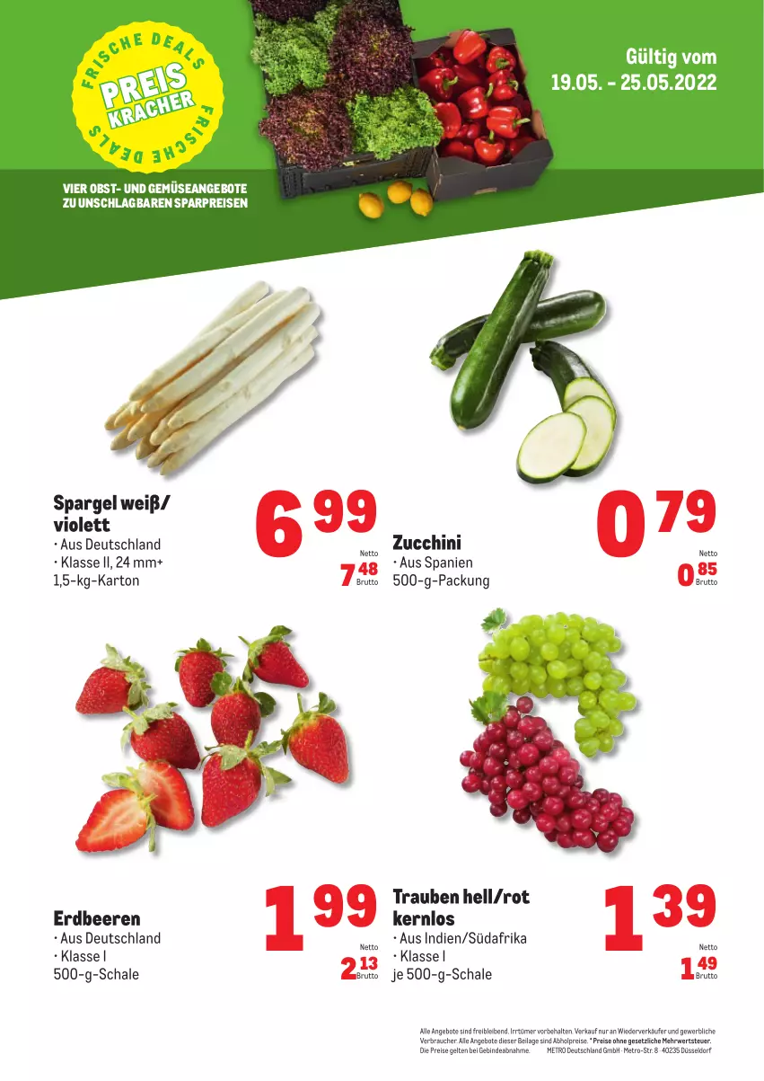 Aktueller Prospekt Metro - Obst & Gemüse Frischepreise - von 19.05 bis 25.05.2022 - strona 1 - produkty: abholpreise, angebot, angebote, beere, beeren, brut, eis, erdbeere, erdbeeren, ilag, Metro, obst, Rauch, reis, rwe, Schal, Schale, spargel, Ti, trauben, und gemüse, zucchini