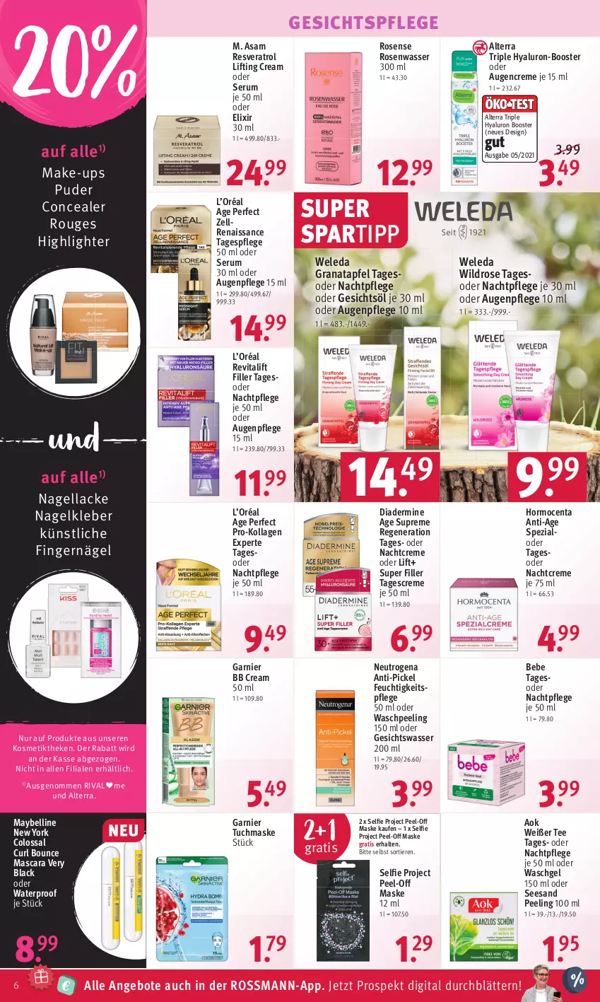 Aktueller Prospekt Rossmann - Prospekte - von 04.10 bis 07.10.2022 - strona 6 - produkty: alterra, angebot, angebote, apfel, Augenpflege, Bebe, creme, Diadermine, feuchtigkeitspflege, garnier, Gesichtsöl, gesichtspflege, Gesichtswasser, grana, granatapfel, HP, hyaluron, kleber, Kollagen, kosmetik, lack, Lacke, Make-up, Mascara, Maske, Maybelline, nachtcreme, nachtpflege, Nagellack, neutrogena, Peeling, Rana, Revital, revitalift, rosen, Rosenwasser, rouge, rum, Serum, spartipp, Spezi, tagescreme, Tagespflege, tee, Ti, Tiere, tuc, tuchmaske, vita, waschgel, wasser, weleda, Wild, Yo