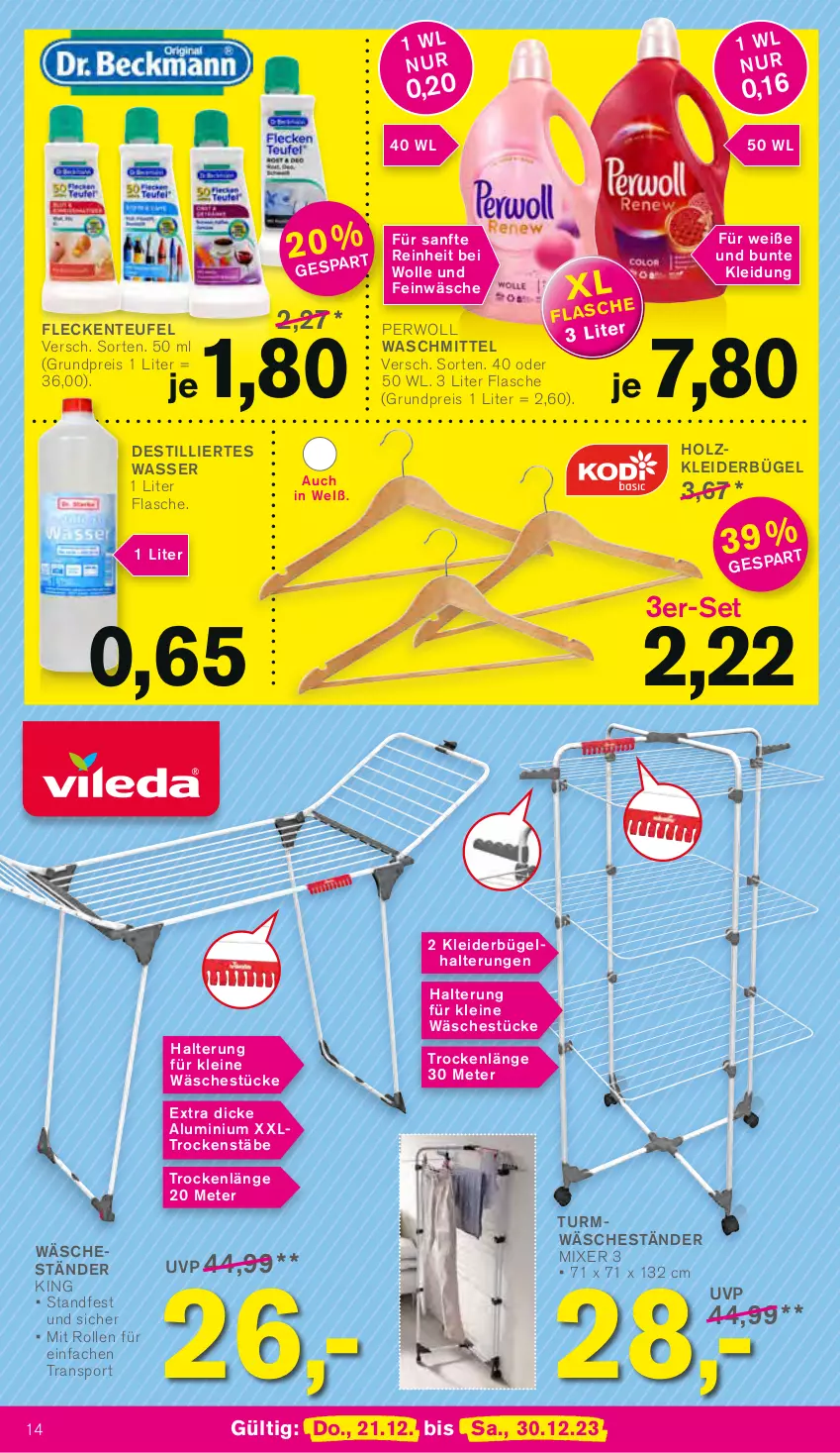 Aktueller Prospekt Kodi - Prospekte - von 21.12 bis 30.12.2023 - strona 14 - produkty: bügel, eis, ente, flasche, Holz, kleid, kleider, kleiderbügel, Kleidung, leine, Mixer, perwoll, reis, Sport, Ti, waschmittel, wasser, wolle