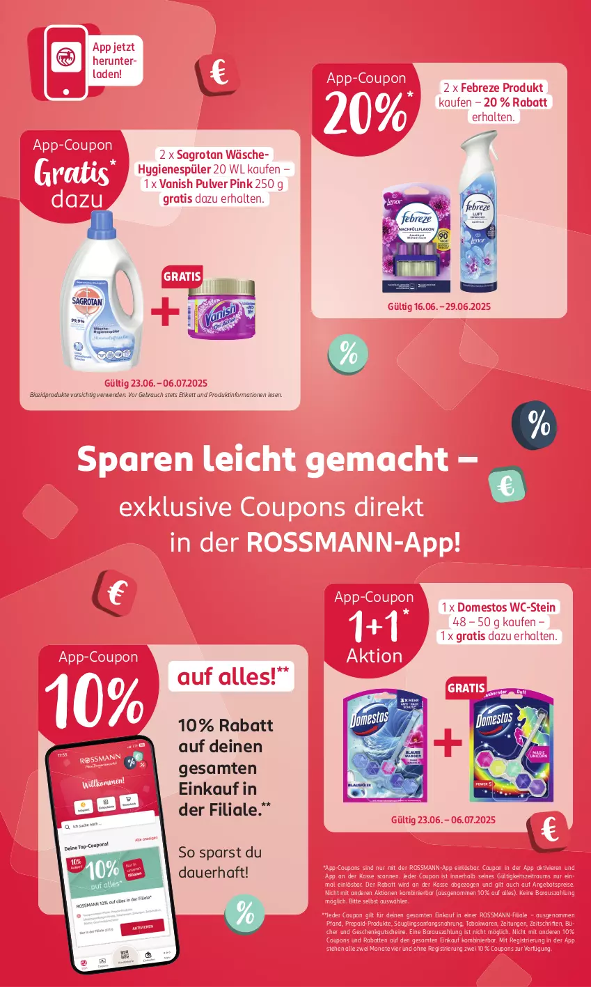 Aktueller Prospekt Rossmann - Prospekte - von 16.06 bis 06.07.2025 - strona 2 - produkty: angebot, angebotspreis, auer, bio, biozidprodukte, coupon, coupons, domestos, eis, febreze, gutschein, gutscheine, hygienespüler, mac, Rauch, reis, rwe, sagrotan, Ti, vanish