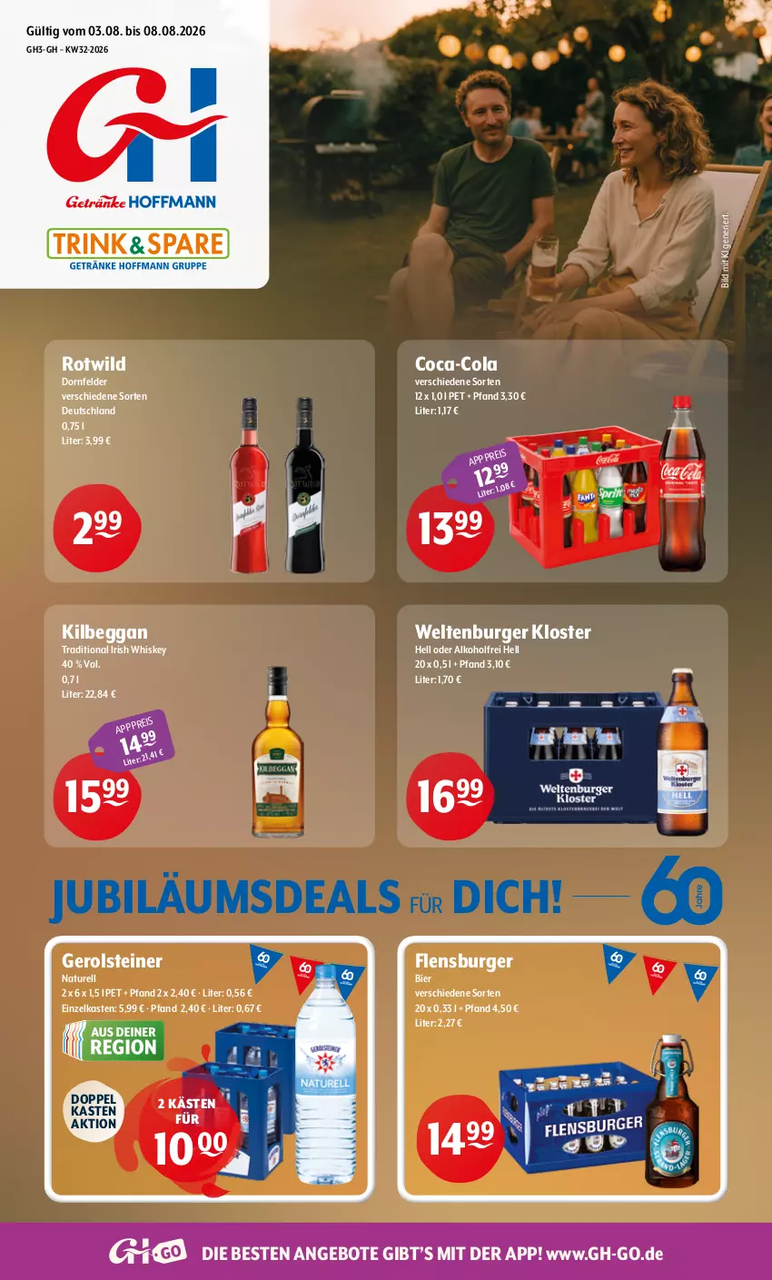 Aktueller Prospekt Getraenke Hoffmann - Prospekte - von 03.08 bis 08.08.2026 - strona 1 - produkty: alkohol, angebot, angebote, bier, burger, coca-cola, cola, dornfelder, eis, flensburger, gerolsteine, gerolsteiner, irish whiskey, Jubiläums, kilbeggan, natur, rel, steiner, Ti, whiskey, Wild