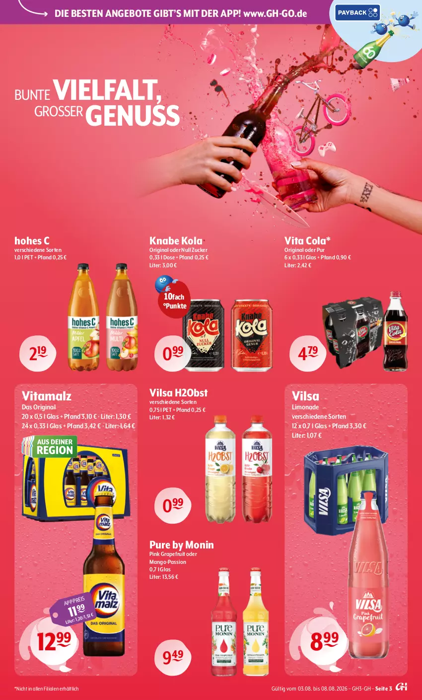 Aktueller Prospekt Getraenke Hoffmann - Prospekte - von 03.08 bis 08.08.2026 - strona 3 - produkty: angebot, angebote, cola, eis, gin, grapefruit, Hohes C, limo, limonade, malz, mango, monin, nuss, obst, Ti, vilsa, vita, Vita C, vitamalz, zucker