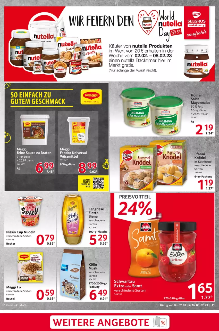 Aktueller Prospekt Selgros - Food - von 02.02 bis 08.02.2023 - strona 11 - produkty: Becher, bolognese, braten, eier, eimer, eis, flasche, kartoffel, Knödel, langnese, mac, maggi, müsli, Nissin, nudel, nudeln, nutella, preisvorteil, reis, sauce, Semmel, Ti, timer, Yo