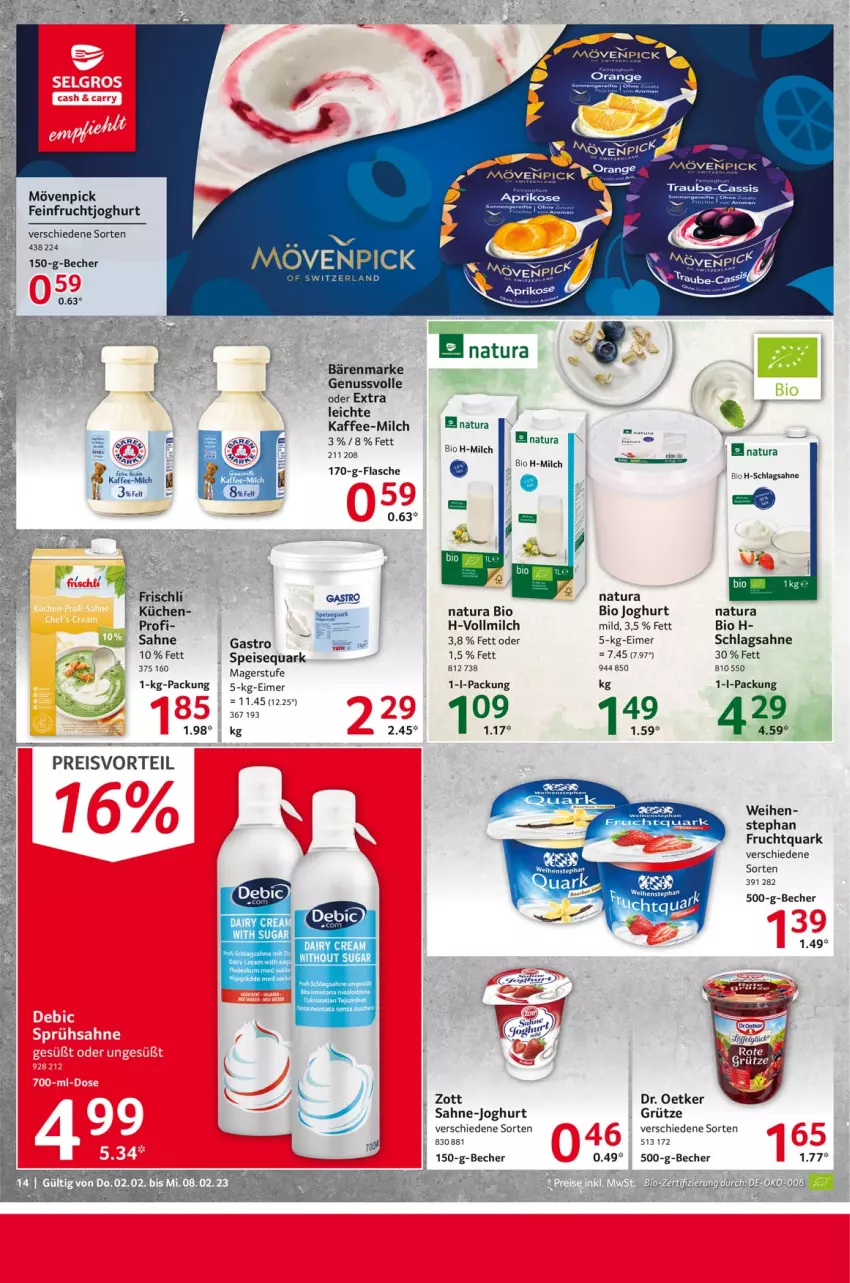 Aktueller Prospekt Selgros - Food - von 02.02 bis 08.02.2023 - strona 14 - produkty: bärenmarke, Becher, bio, Dr. Oetker, eimer, eis, elle, frischli, frucht, fruchtjoghurt, Fruchtquark, grütze, joghur, joghurt, kaffee, küche, Küchen, milch, mövenpick, natur, natura, nuss, orange, preisvorteil, quark, reis, sahne, schlagsahne, speisequark, vollmilch, zott