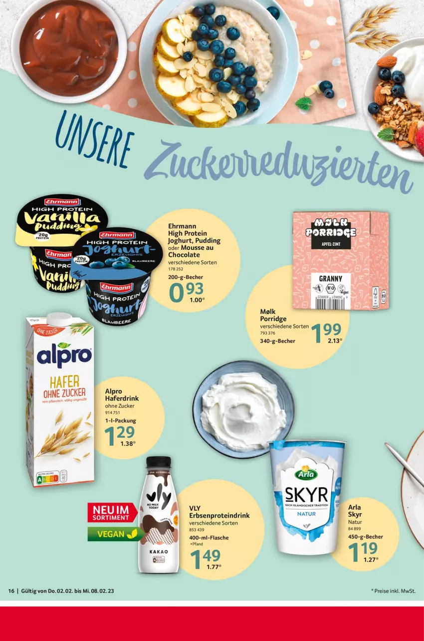 Aktueller Prospekt Selgros - Food - von 02.02 bis 08.02.2023 - strona 16 - produkty: arla, Becher, cola, drink, ehrmann, eis, erbsen, flasche, hafer, kakao, mousse, Mousse au Chocolat, natur, porridge, Proteindrink, reis, Skyr, Ti, zucker