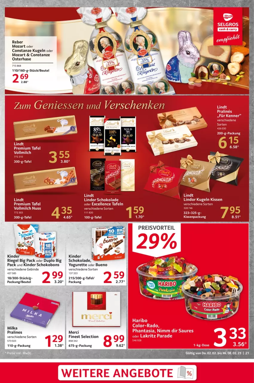 Aktueller Prospekt Selgros - Food - von 02.02 bis 08.02.2023 - strona 21 - produkty: beutel, duplo, eis, Kinder, kinder riegel, Kinder Schokobons, kissen, Kugel, lindor, lindt, merci, milch, nuss, preisvorteil, reis, riegel, schoko, schokolade, Ti, vollmilch, Yo, yogurette