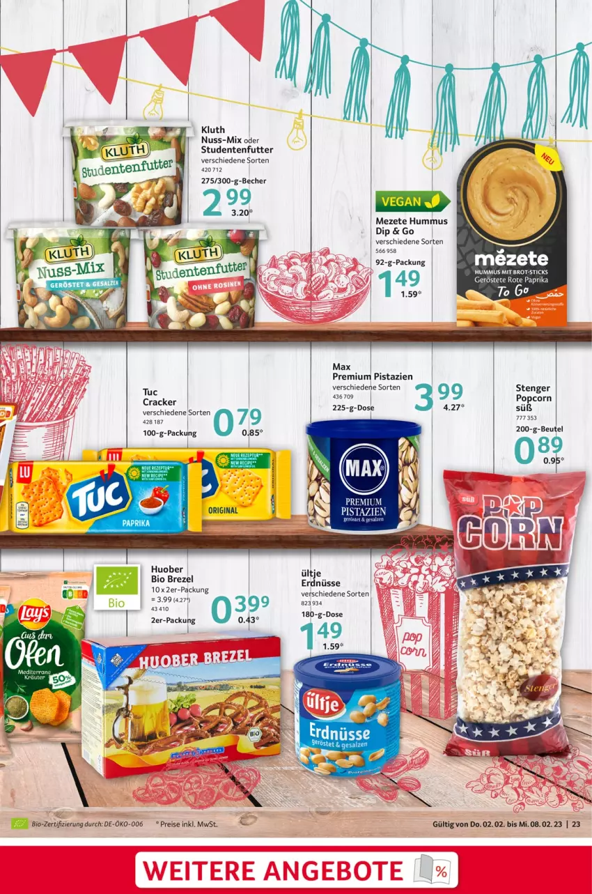 Aktueller Prospekt Selgros - Food - von 02.02 bis 08.02.2023 - strona 23 - produkty: Becher, beutel, bio, brezel, cracker, eis, ente, erdnüsse, hummus, huober, kräuter, nuss, paprika, pistazien, reis, salz, studentenfutter, Ti, tuc, ültje