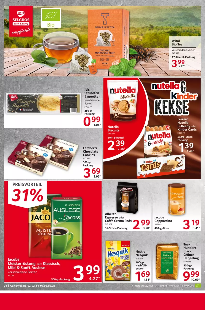 Aktueller Prospekt Selgros - Food - von 02.02 bis 08.02.2023 - strona 24 - produkty: Amber, baguette, beutel, bio, Cap, cappuccino, cin, cola, cookie, cookies, crema pads, espresso, espresso oder, jacobs, Kinder, lambertz, mint, nesquik, nutella, oder jacobs, Ofen, steinofen, tee