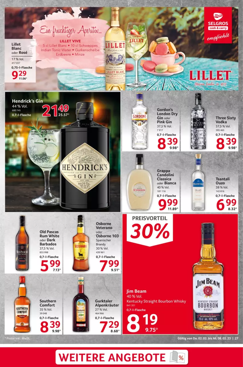 Aktueller Prospekt Selgros - Food - von 02.02 bis 08.02.2023 - strona 27 - produkty: Bad, bourbon, eis, flasche, gin, grappa, Gurktaler, kentucky straight, kräuter, lillet, osborne, ouzo, preisvorteil, reis, rum, tuc, veterano, vodka, whiskey