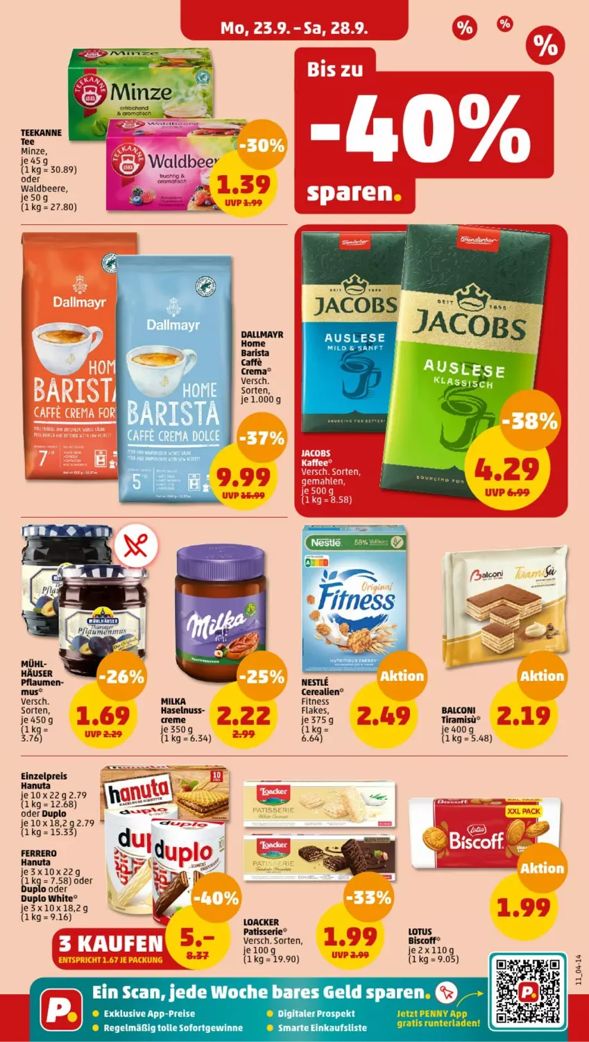 Aktueller Prospekt Penny - Prospekte - von 23.09 bis 28.09.2024 - strona 11 - produkty: Alcon, biscoff, caffe, cerealien, creme, dallmayr, duplo, eis, ferrero, flakes, hanuta, haselnuss, jacobs, milka, nuss, reis, tee, teekanne, Ti