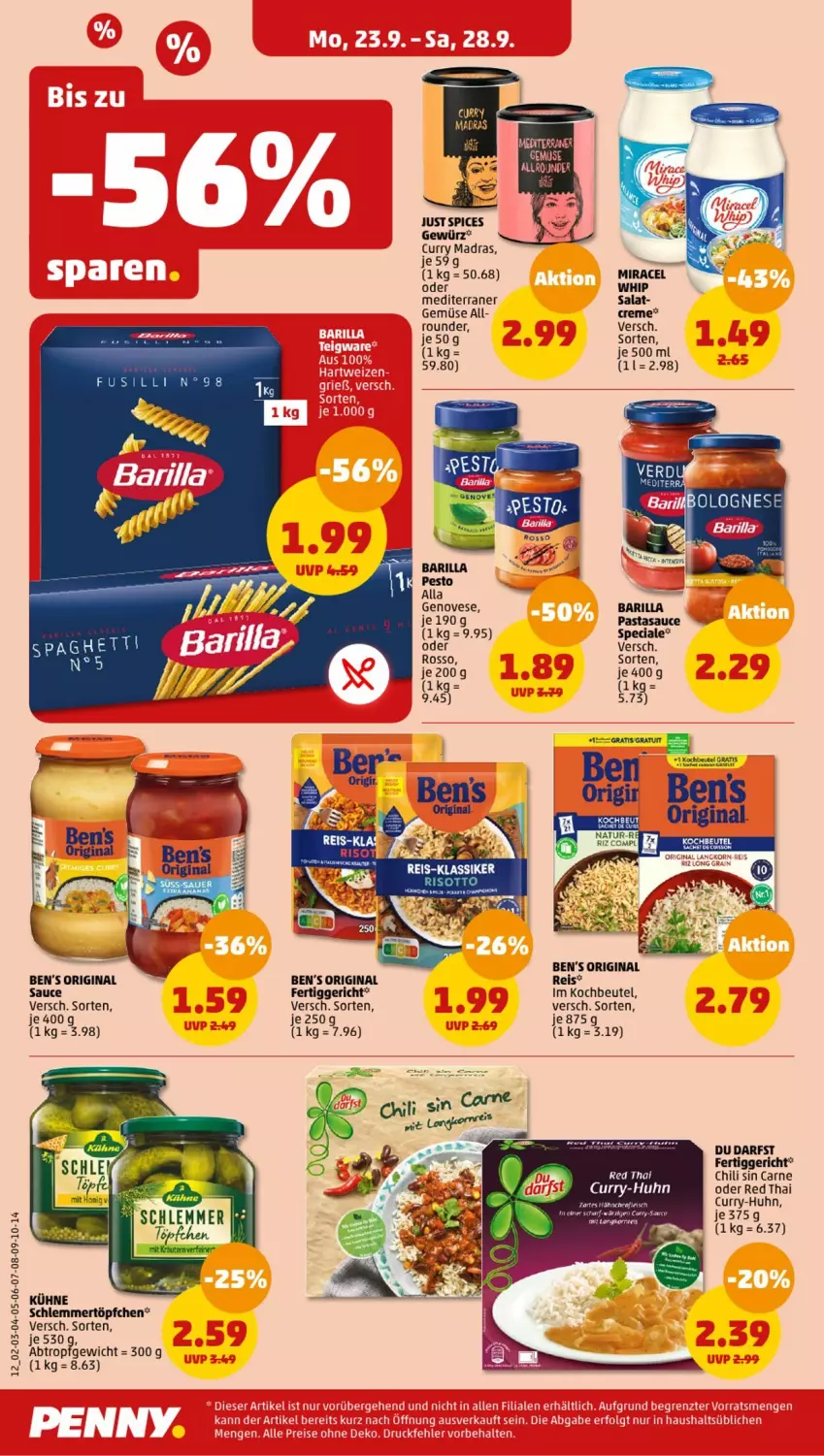 Aktueller Prospekt Penny - Prospekte - von 23.09 bis 28.09.2024 - strona 12 - produkty: barilla, Ben’s Original, beutel, Brille, chili, creme, curry, eis, fertiggericht, fleisch, genovese, gewürz, gin, Hähnchenfleisch, kochbeutel, miracel, pasta, pesto, reis, salat, sauce, schlemmertöpfchen, Ti, Töpfchen