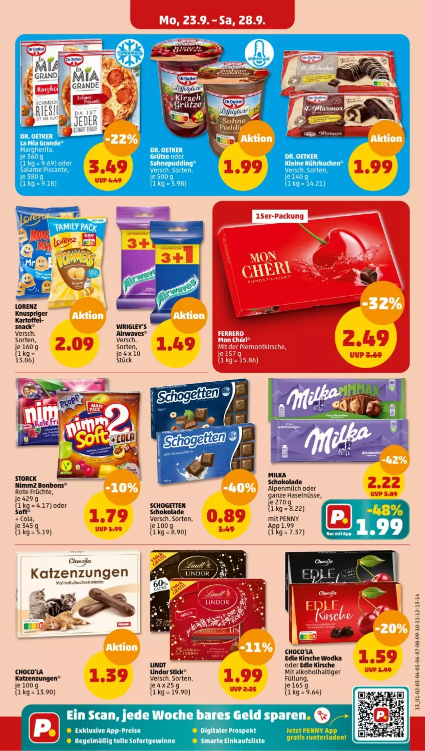 Aktueller Prospekt Penny - Prospekte - von 23.09 bis 28.09.2024 - strona 13 - produkty: alkohol, bonbons, cola, Dr. Oetker, eis, früchte, ganze haselnüsse, grütze, kartoffel, kirsch, kirsche, kuchen, leine, lindor, lindt, lorenz, margherita, milch, milka, nimm2, reis, schogetten, schoko, schokolade, snack, storck, Ti, vollmilch, wodka, Yo