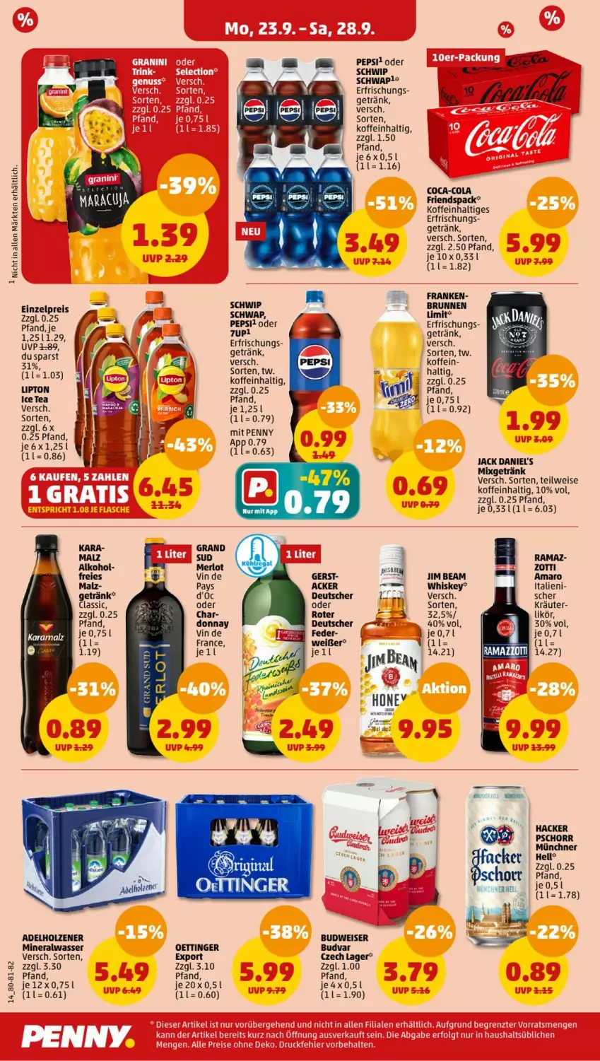 Aktueller Prospekt Penny - Prospekte - von 23.09 bis 28.09.2024 - strona 14 - produkty: adelholzener, Alwa, amaro, brunnen, budweiser, coca-cola, cola, eis, elle, getränk, grand sud, Holz, ice tea, jack daniel, jack daniel's, jim beam, kräuter, likör, lipton, lipton ice tea, merl, merlot, mineralwasser, Mixgetränk, oettinger, pepsi, rama, reis, Schwip Schwap, Ti, wasser, whiskey, zott