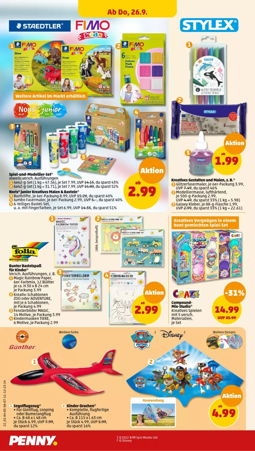 Aktueller Prospekt Penny - Prospekte - von 23.09 bis 28.09.2024 - strona 22 - produkty: buntstifte, dell, disney, eis, fasermaler, fenster, flasche, jumbo, Kinder, kleber, Maske, Mode, Ria, Spiele, stifte, Ti, Tiere