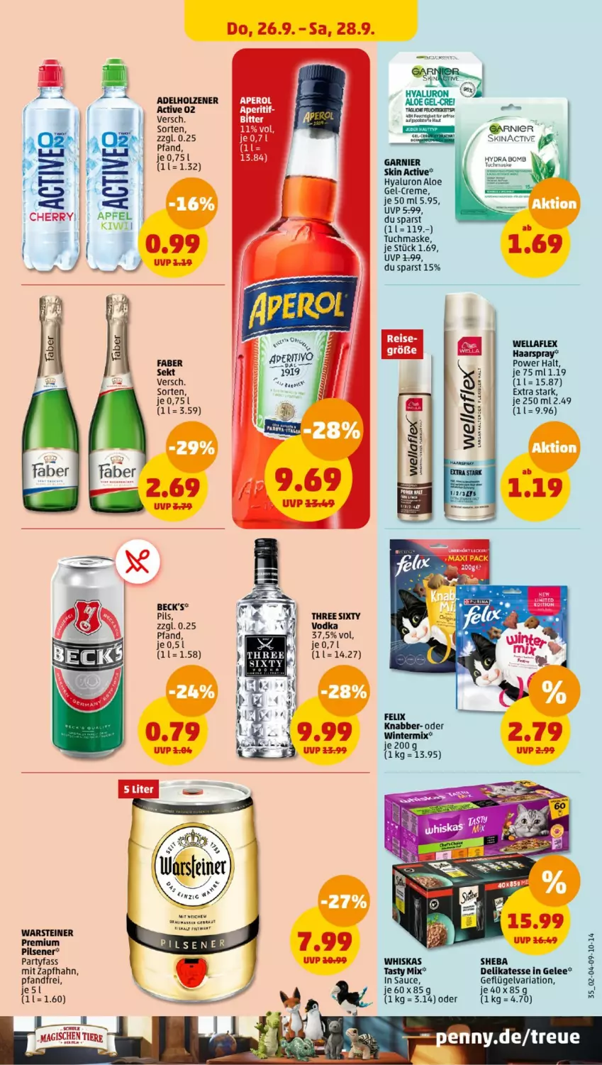 Aktueller Prospekt Penny - Prospekte - von 23.09 bis 28.09.2024 - strona 35 - produkty: adelholzener, aperol, creme, eis, felix, garnier, Geflügel, gelee, haarspray, Holz, hyaluron, Maske, pils, pilsener, premium pils, reis, Ria, sauce, sekt, sheba, steiner, tender, Three Sixty, Ti, Tiere, tuc, tuchmaske, vodka, warsteiner, Wella, wellaflex, whiskas