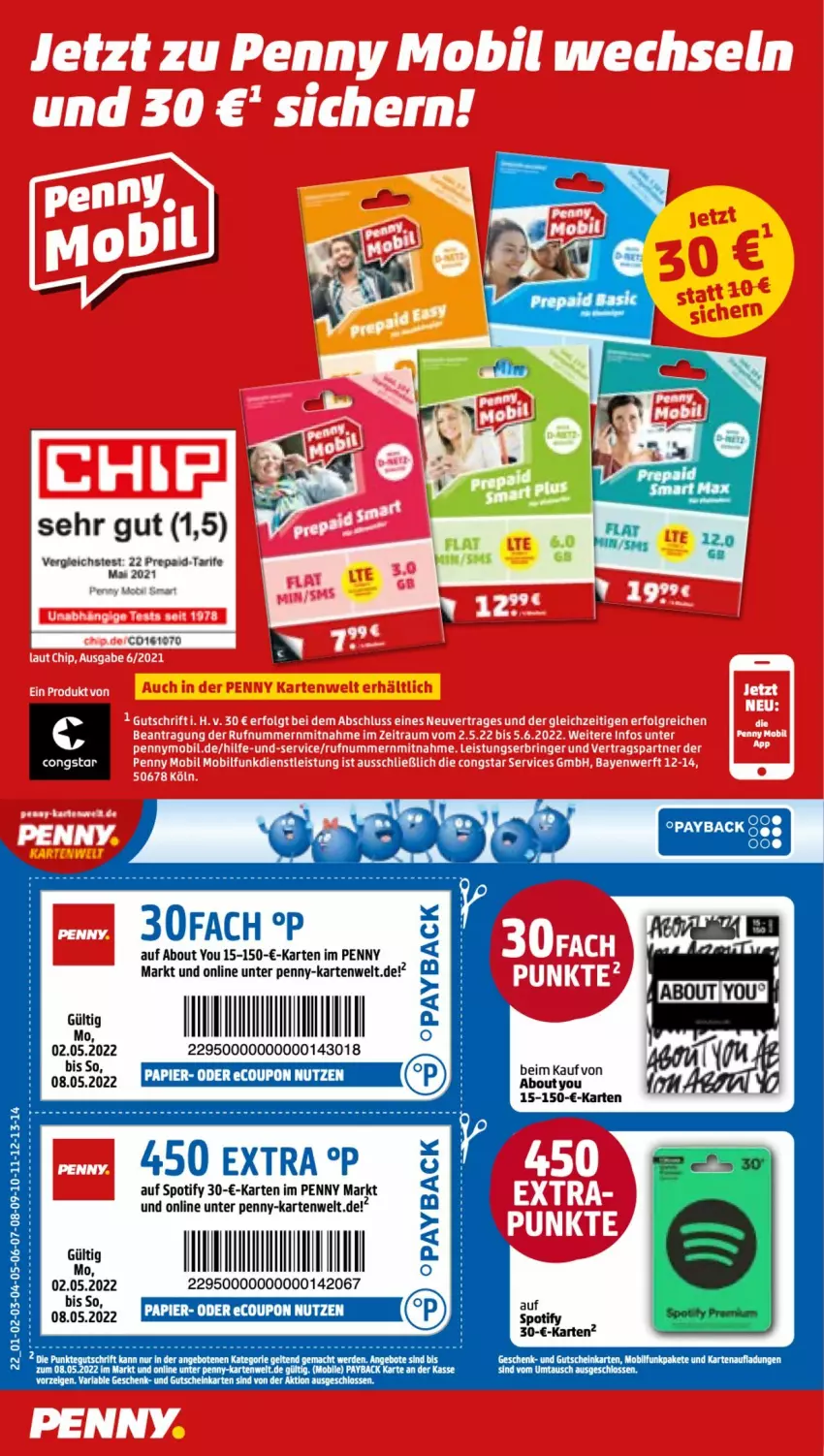 Aktueller Prospekt Penny - Prospekte - von 02.05 bis 07.05.2022 - strona 22 - produkty: arla, congstar, coupon, gutschein, papier, payback, Ti, Yo