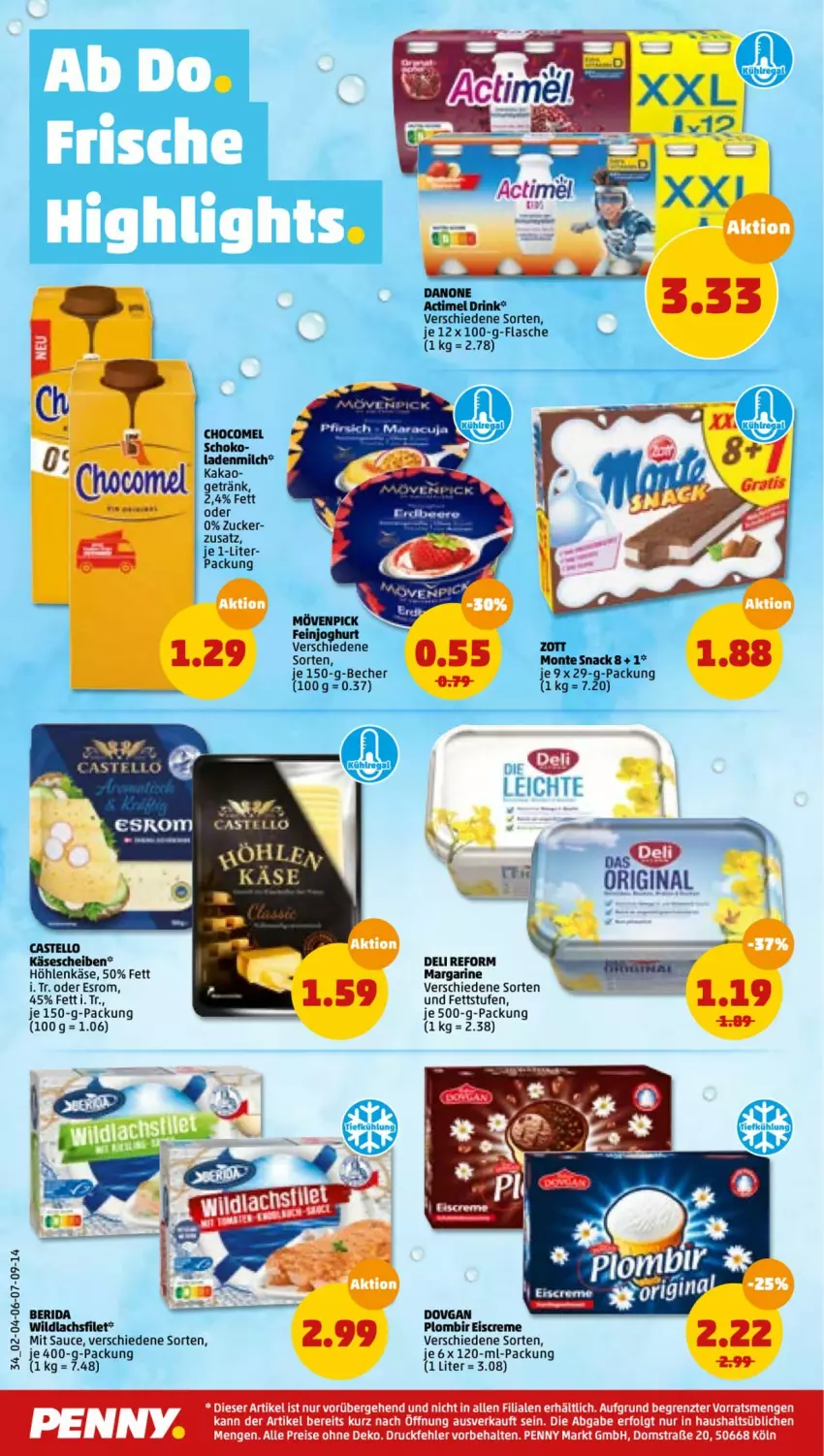 Aktueller Prospekt Penny - Prospekte - von 02.05 bis 07.05.2022 - strona 34 - produkty: actimel, actimel drink, Becher, creme, danone, danone actimel drink, dovgan, drink, eis, eiscreme, esrom, feinjoghurt, filet, flasche, getränk, höhlenkäse, joghur, joghurt, Käse, käsescheiben, lachs, lachsfilet, LG, margarine, monte, mövenpick, reis, sauce, snack, Ti, Wild, wildlachs, zott, ZTE, zucker