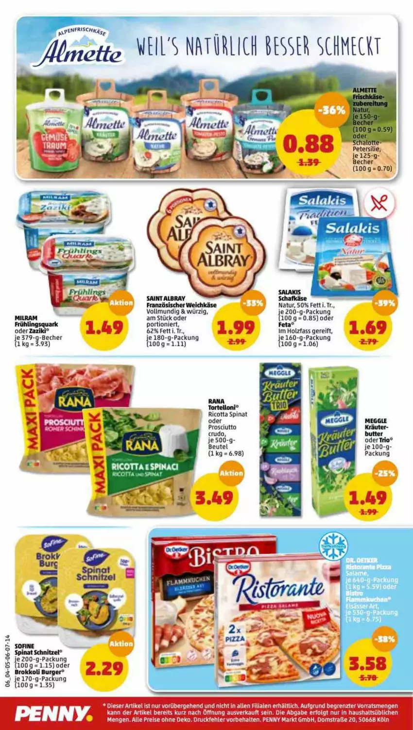 Aktueller Prospekt Penny - Prospekte - von 02.05 bis 07.05.2022 - strona 6 - produkty: Becher, beutel, brokkoli, burger, butter, feta, französischer weichkäse, Holz, Käse, kräuter, milram, natur, petersilie, prosciutto, quark, ricotta, schnitzel, spinat, Ti, weichkäse, zaziki