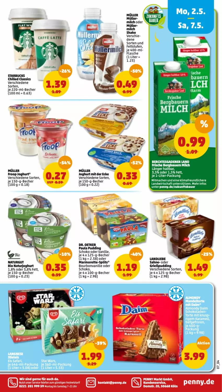 Aktueller Prospekt Penny - Prospekte - von 02.05 bis 07.05.2022 - strona 7 - produkty: auer, Bau, Bauer, Becher, bio, bourbon, bourbonvanille, Dr. Oetker, flasche, froop, Grießpudding, joghur, joghurt, joghurt mit der ecke, karamell, landliebe, marmorette, milch, Müller, müller froop, natur, naturjoghurt, Paula, paula pudding, pudding, sahne, schoko, shake, starbucks, tee, telefon, Ti, uhr, vanille