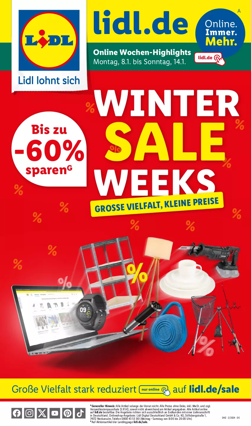 Aktueller Prospekt Lidl - Wochen-Highlights im Onlineshop - von 08.01 bis 14.01.2024 - strona 1 - produkty: angebot, angebote, eis, elle, ndk, reis, rel, Schal, Schale, telefon, Ti, uhr