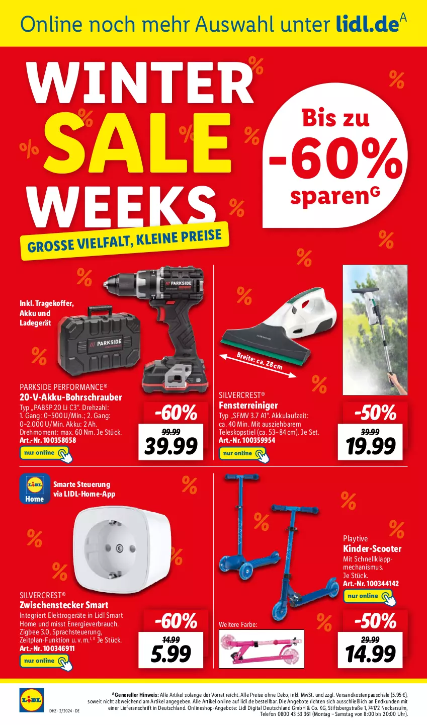 Aktueller Prospekt Lidl - Wochen-Highlights im Onlineshop - von 08.01 bis 14.01.2024 - strona 2 - produkty: akku, akku-bohrschrauber, angebot, angebote, Bohrschrauber, Brei, eis, Elektro, elektrogeräte, elle, fenster, Kinder, koffer, ladegerät, leine, ndk, Parkside, Rauch, reiniger, reis, rel, Schal, Schale, scooter, silvercrest, telefon, Teleskop, teleskopstiel, Ti, uhr