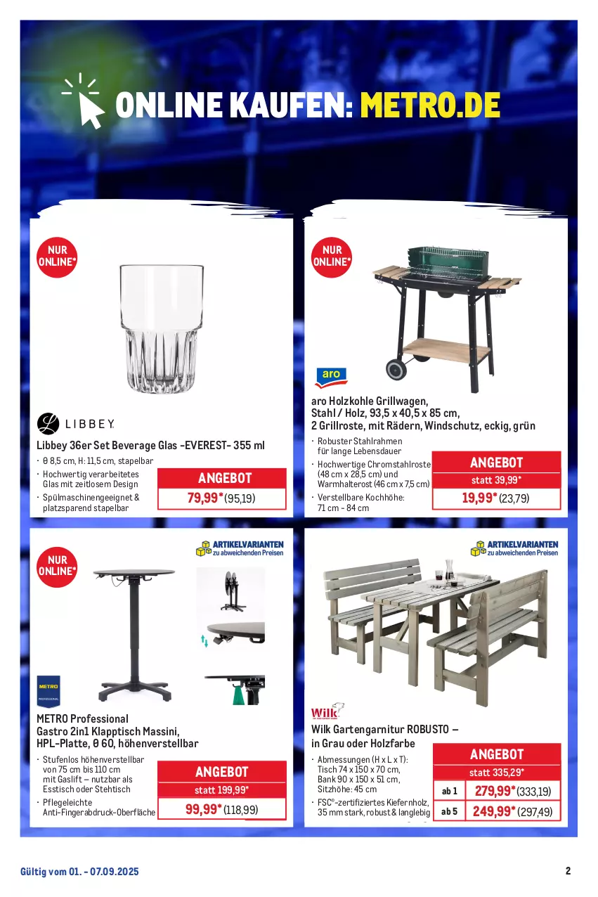 Aktueller Prospekt Metro - Online: Wochen-Angebote - von 01.09 bis 07.09.2025 - strona 2 - produkty: angebot, auer, Bank, esstisch, garnitur, Garten, grill, grillrost, Holz, holzkohle, HP, klapptisch, latte, Metro, Sitzhöhe, spülmaschinen, Ti, tisch, Windschutz