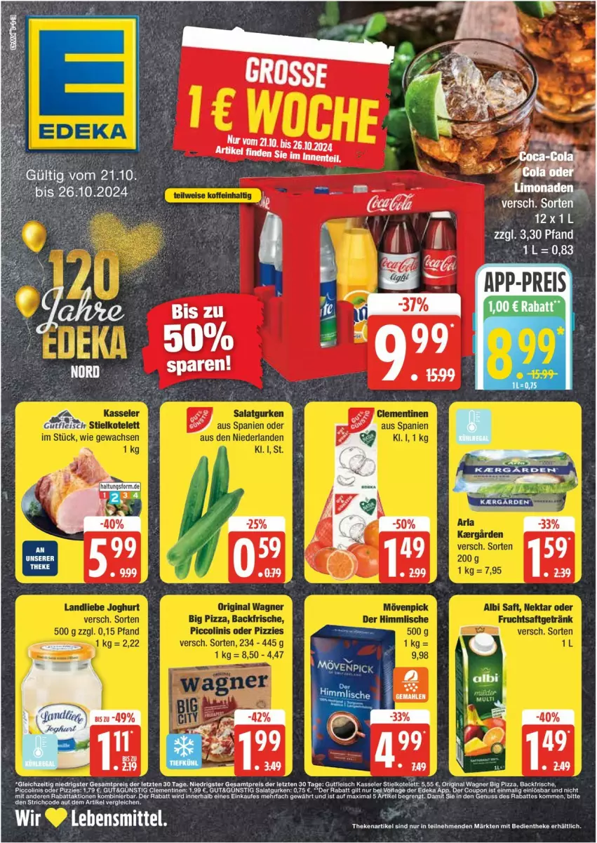 Aktueller Prospekt Edeka - Prospekte - von 21.10 bis 25.10.2024 - strona 1 - produkty: clementinen, coupon, deka, gin, gurke, gurken, kotelett, lebensmittel, pizza, salat, Salatgurke, salatgurken, Ti, wagner