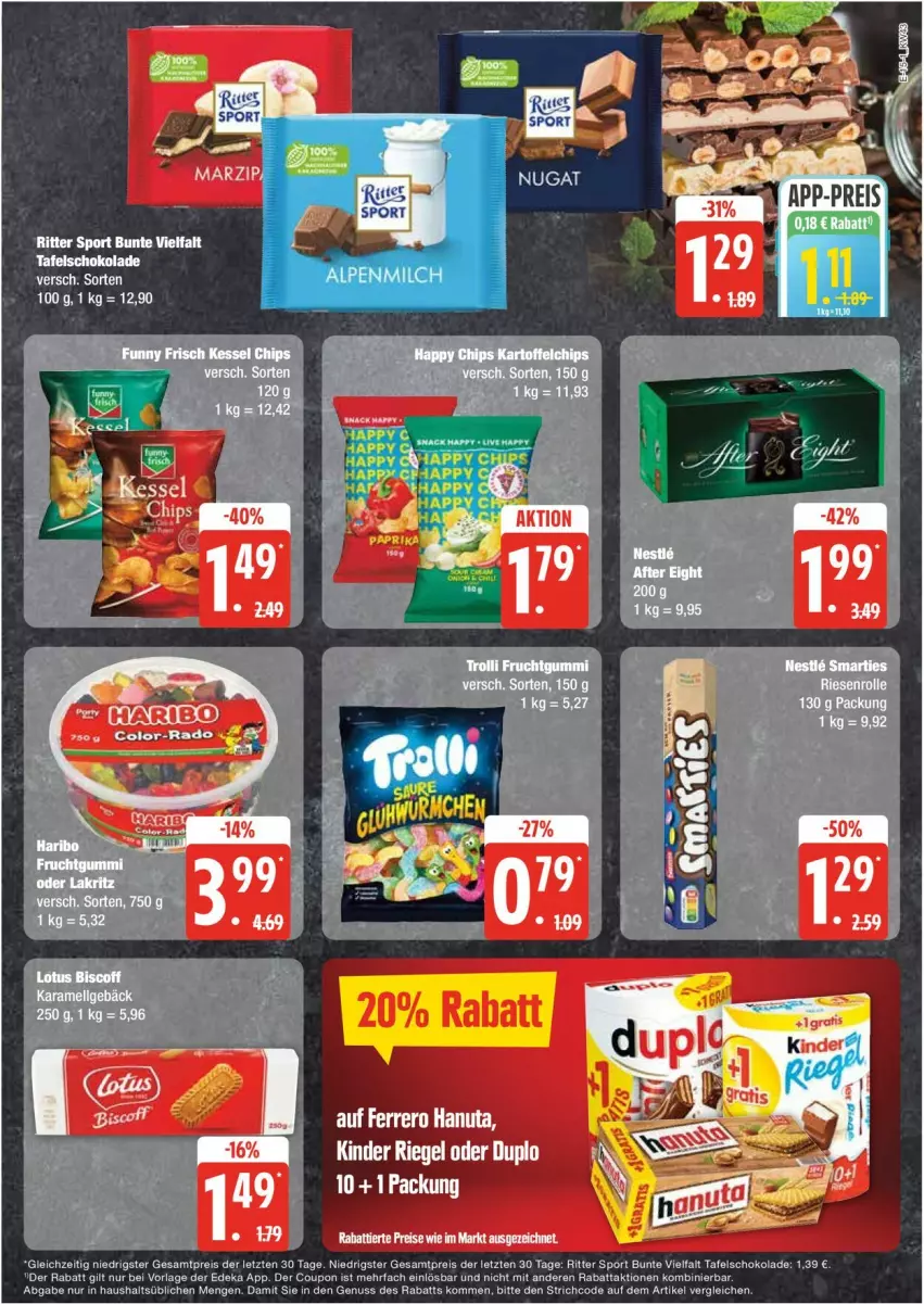 Aktueller Prospekt Edeka - Prospekte - von 21.10 bis 25.10.2024 - strona 15 - produkty: chips, coupon, deka, eis, Funny Frisch, karamell, LG, nuss, reis, ritter, ritter sport, schoko, schokolade, Sport, tafelschokolade, Ti, trolli, ZTE