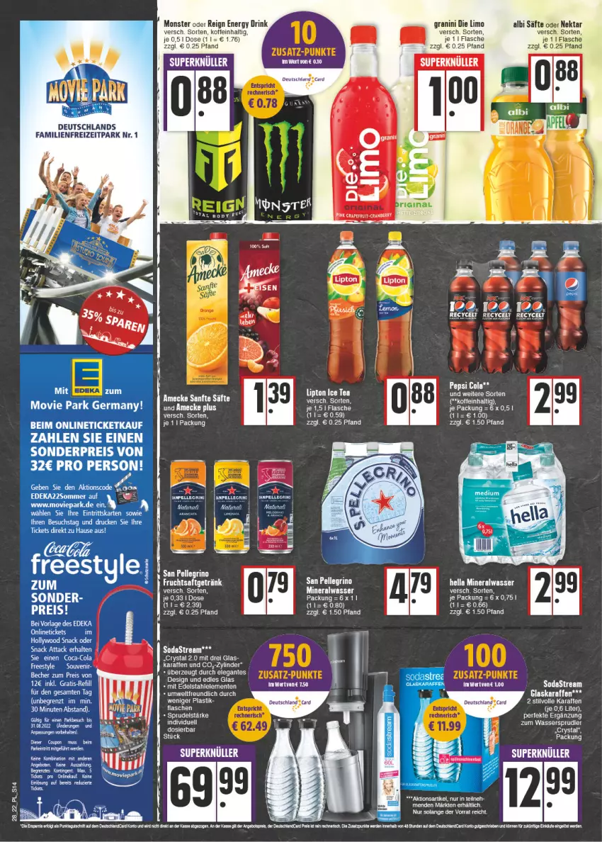 Aktueller Prospekt E Center - Angebote der Woche - von 11.07 bis 16.07.2022 - strona 14 - produkty: Alwa, amecke, angebot, angebote, cola, coupon, deka, drink, eis, elle, energy drink, erde, flasche, Germ, glaskaraffe, granini, granini die limo, hella, Karaffe, limo, mineralwasser, monster, Nektar, pepsi, Pepsi Cola, reis, säfte, snack, Soda, sodastream, Sprudel, tee, Ti, wasser, ZTE