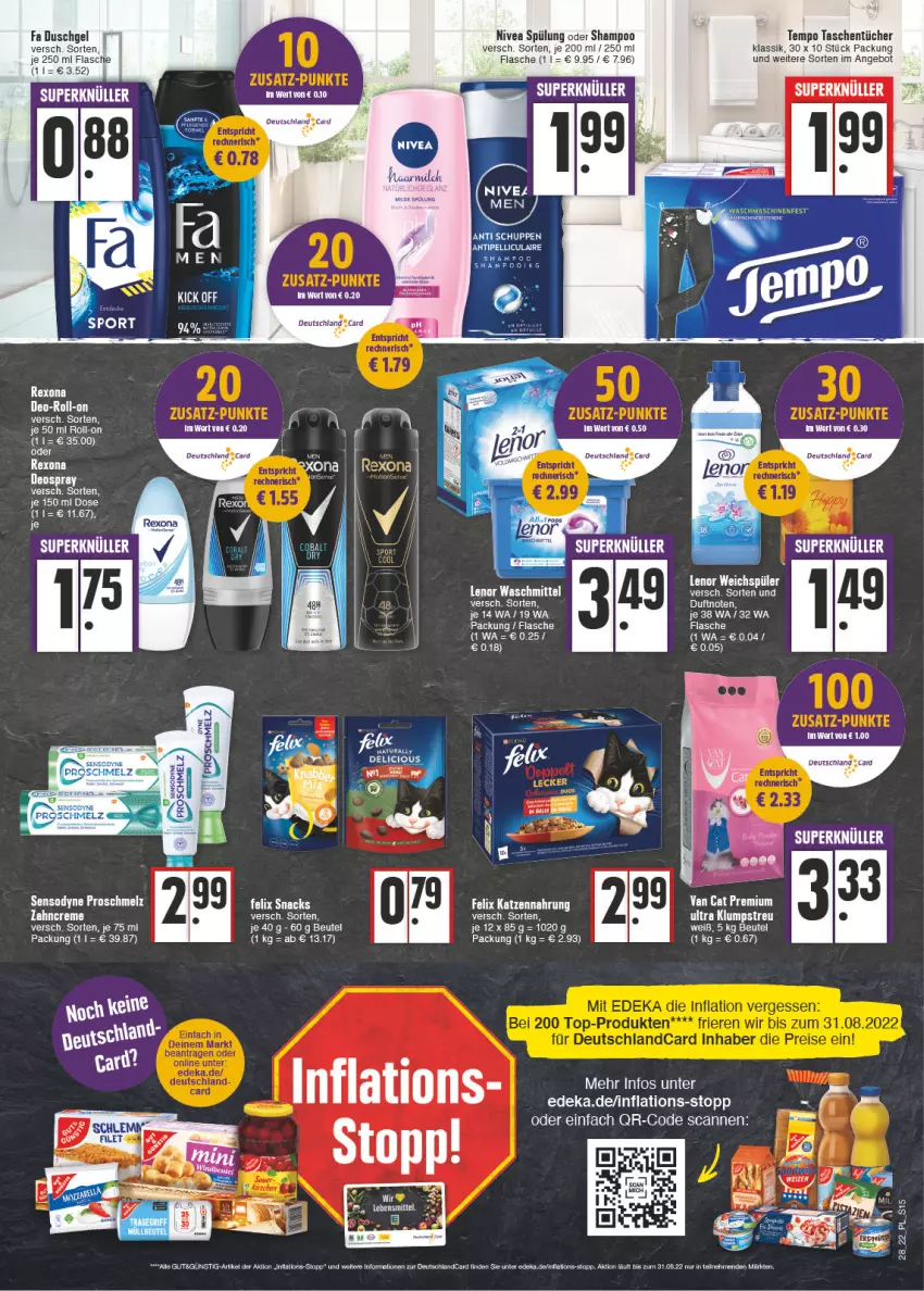 Aktueller Prospekt E Center - Angebote der Woche - von 11.07 bis 16.07.2022 - strona 15 - produkty: angebot, beutel, decke, deka, deo, deospray, duschgel, felix, flasche, katzennahrung, lenor, lenor waschmittel, lenor weichspüler, lion, nivea, rexona, roll-on, salz, sensodyne, shampoo, spülung, Tasche, taschen, taschentücher, Tempo, Ti, tücher, waschmittel, weichspüler