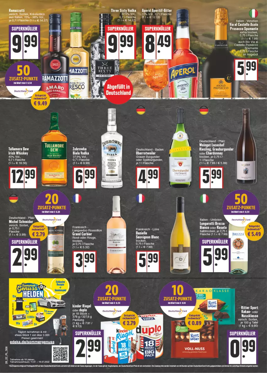 Aktueller Prospekt E Center - Angebote der Woche - von 11.07 bis 16.07.2022 - strona 8 - produkty: angebot, aperitif, aperol, auer, Bad, bier, bio, brie, burgunder, chardonnay, deka, deutschland card, ecco, eis, erde, flasche, grauburgunder, grauer burgunder, irish whiskey, Kinder, kinder riegel, kräuter, kräuterlikör, likör, Michel Schneider, nuss, prosecco, puma, rama, ramazzott, ramazzotti, reis, riegel, riesling, rosato, rouge, spätburgunder, spumante, tee, Ti, tullamore, tullamore dew, vodka, wein, whiskey, zott