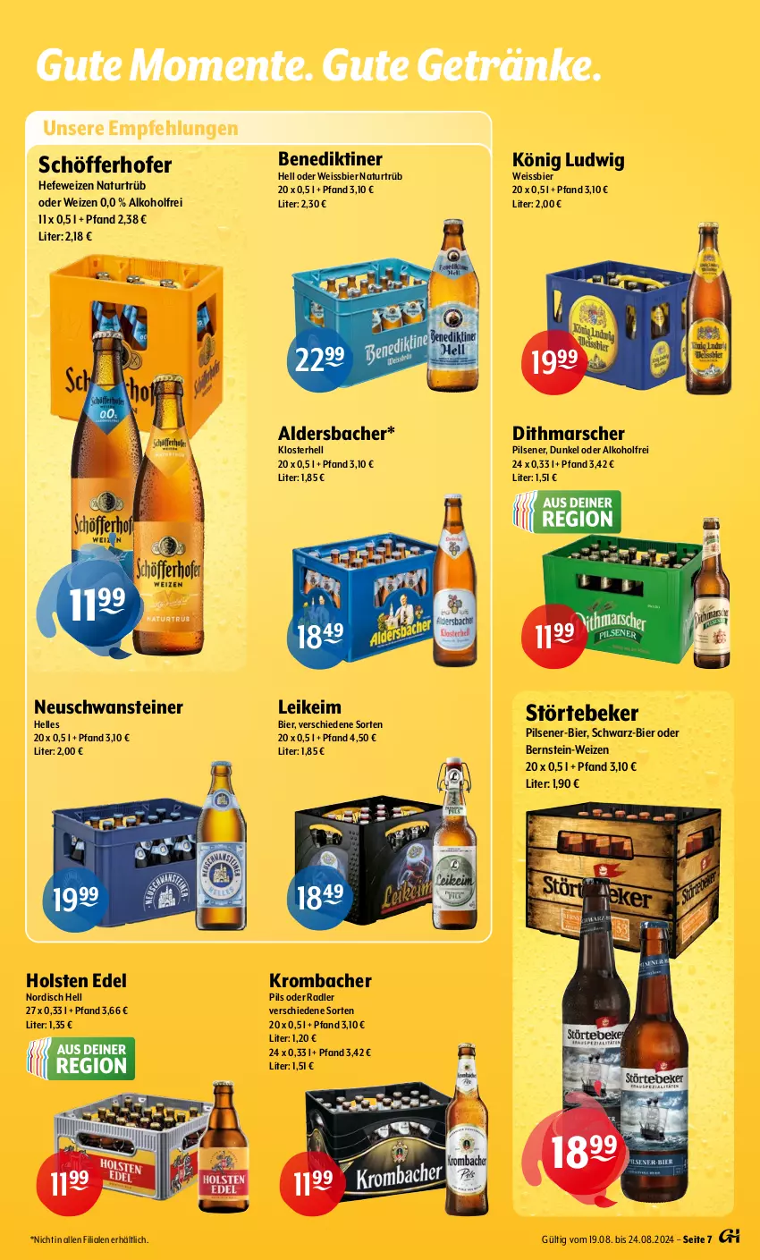 Aktueller Prospekt Getraenke Hoffmann - Prospekte - von 19.08 bis 24.08.2024 - strona 7 - produkty: Aldersbacher, alkohol, Benediktiner, bier, eis, elle, ente, getränk, getränke, Hefe, hefeweizen, holsten, krombache, krombacher, mars, natur, oder radler, pils, pilsener, radler, schöfferhofer, steiner, störtebeker, Ti, weissbier