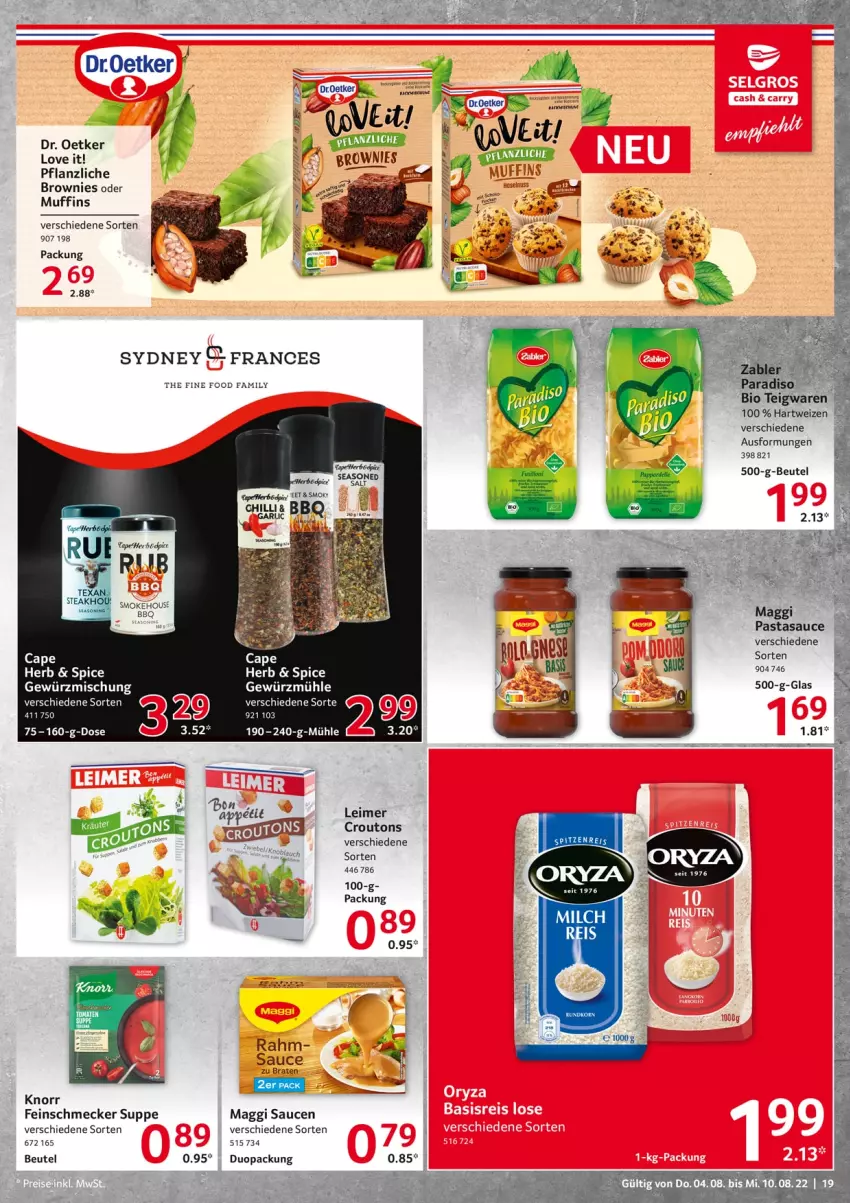 Aktueller Prospekt Selgros - Food - von 04.08 bis 10.08.2022 - strona 19 - produkty: beutel, bio, braten, brownie, brownies, Cap, croutons, Dr. Oetker, eimer, feinschmecker, gewürz, Gewürzmischung, Gewürzmühle, hartweizen, knorr, leimer, maggi, Muffin, muffins, pasta, rel, sauce, saucen, suppe, teigwaren, Ti, Tiere