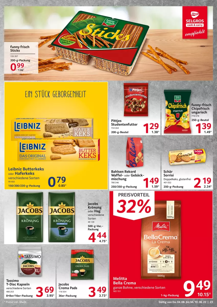 Aktueller Prospekt Selgros - Food - von 04.08 bis 10.08.2022 - strona 23 - produkty: bahlsen, beutel, butter, butterkeks, crema pads, eis, elle, ente, Funny Frisch, gin, hafer, jacobs, Jacobs Crema, keks, leibniz, LG, preisvorteil, reis, sim, studentenfutter, tassimo, tee, Ti