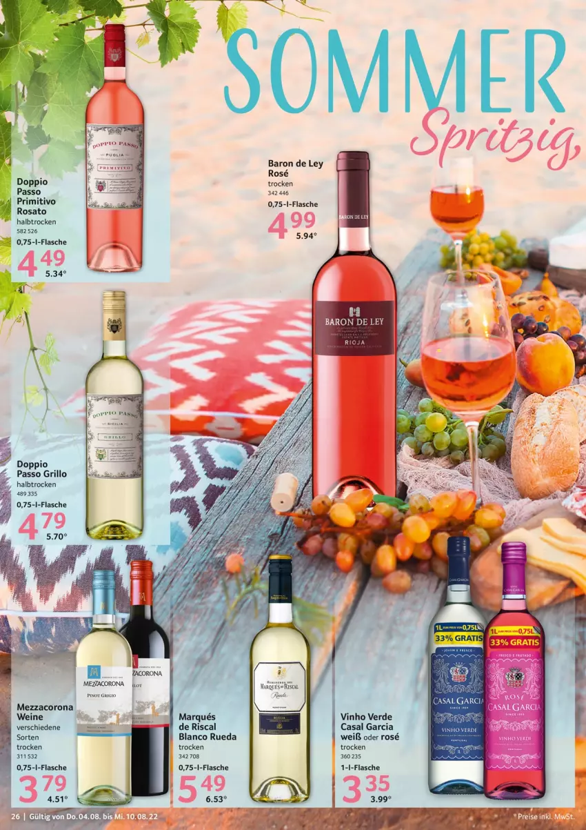 Aktueller Prospekt Selgros - Food - von 04.08 bis 10.08.2022 - strona 26 - produkty: casal garcia, corona, flasche, grill, grillo, LG, mezzacorona, passo, primitivo, rioja, rosato, Ti, wein, weine