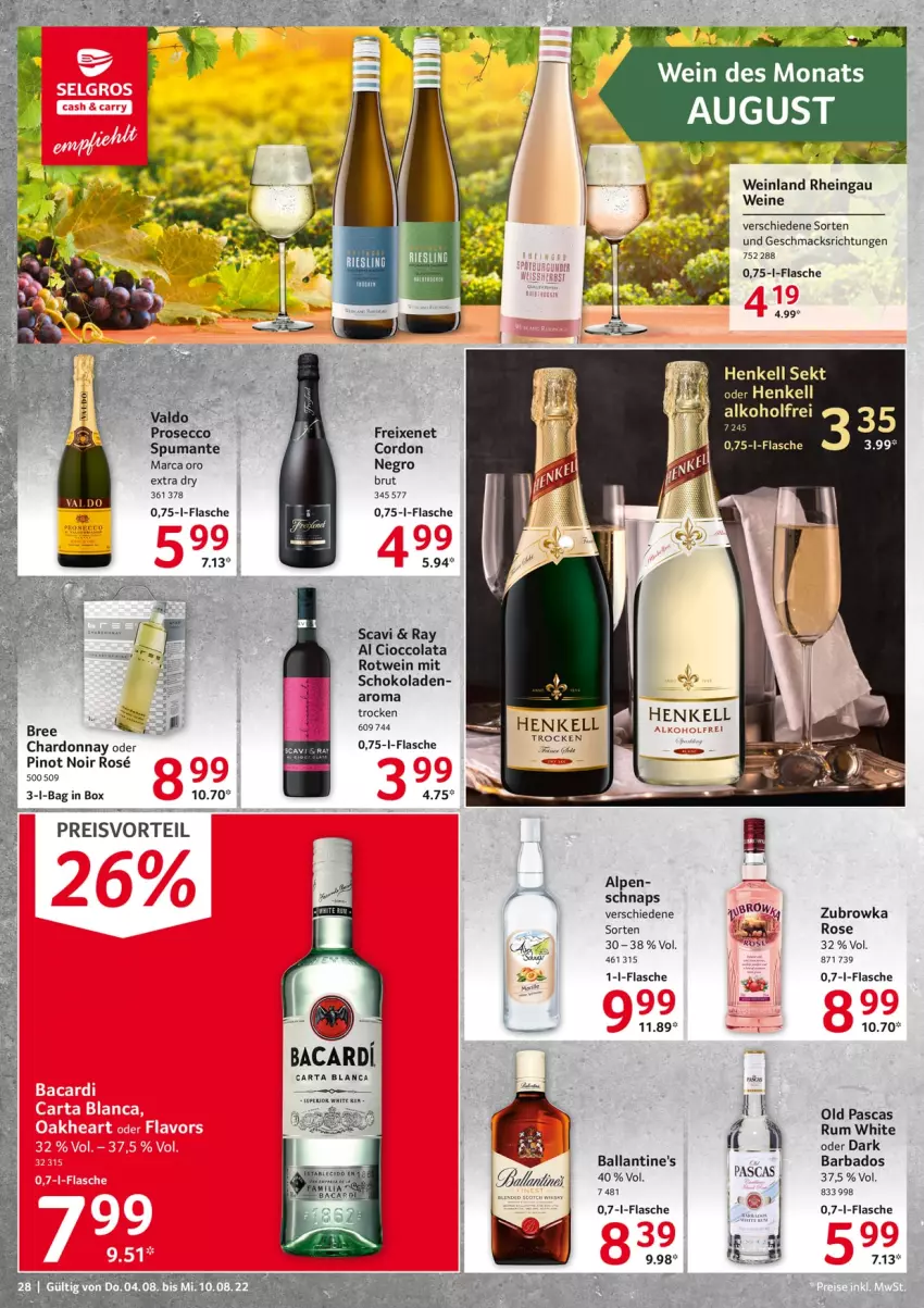 Aktueller Prospekt Selgros - Food - von 04.08 bis 10.08.2022 - strona 28 - produkty: alkohol, bacardi, Bad, ball, Ballantine's, brut, chardonnay, cola, ecco, eis, flasche, freixenet, henkel, henkell, henkell sekt, mac, Pinot, pinot noir, preisvorteil, prosecco, puma, reis, rotwein, rum, schoko, schokolade, schokoladen, sekt, spumante, Ti, wein, weine, white rum