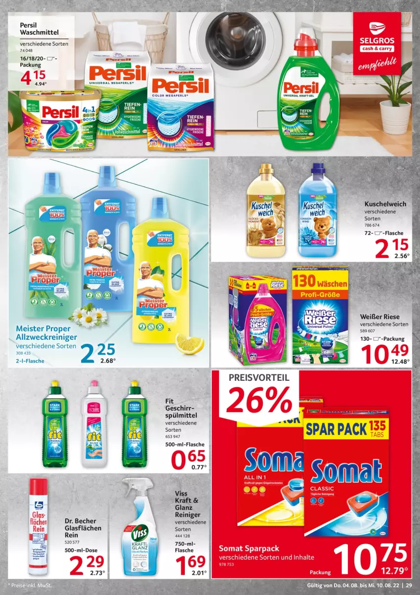 Aktueller Prospekt Selgros - Food - von 04.08 bis 10.08.2022 - strona 29 - produkty: allzweckreiniger, Becher, eis, flasche, geschirr, kraft, Kuschelweich, LG, Meister, meister proper, persil, persil waschmittel, preisvorteil, reiniger, reis, somat, spülmittel, Ti, waschmittel, weck