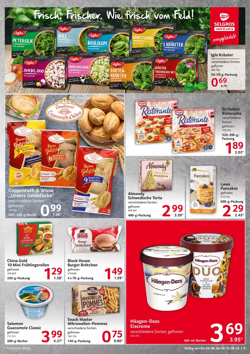 Aktueller Prospekt Selgros - Food - von 04.08 bis 10.08.2022 - strona 9 - produkty: Becher, boss, brötchen, burger, caramel, cola, elle, Goldstücke, guacamole, iglo, kräuter, mikrowelle, petersilie, pommes, salomon, snack, Ti, torte