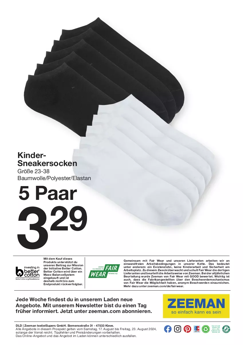 Aktueller Prospekt Zeeman - Prospekte - von 17.08 bis 23.08.2024 - strona 9 - produkty: angebot, angebote, batterie, batterien, Bau, baumwolle, bett, eis, erde, Kette, Kinder, LG, reis, rwe, siemens, sneaker, sneakersocken, socken, Ti, weck, wolle