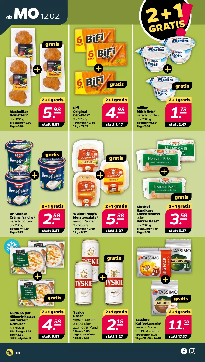 Aktueller Prospekt Netto - Woche 7 - von 12.02 bis 17.02.2024 - strona 10 - produkty: Becher, bifi, crème fraîche, Dr. Oetker, eis, gin, hühner, kaffee, kaffeekapseln, Käse, Meister, milch, Müller, ndk, nerf, nuss, Popp, reis, salat, salate, sim, tassimo, Ti, tyskie