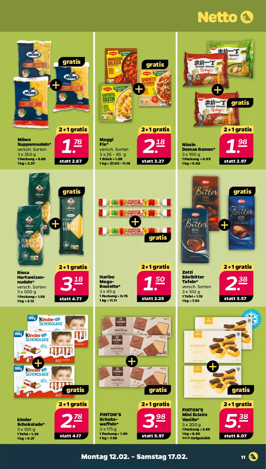 Aktueller Prospekt Netto - Woche 7 - von 12.02 bis 17.02.2024 - strona 11 - produkty: haribo, hartweizen, Kinder, kinder schokolade, maggi, maggi fix, Nissin, nudel, nudeln, riesa, schoko, schokolade, suppe, suppen, Ti, vanille, waffeln