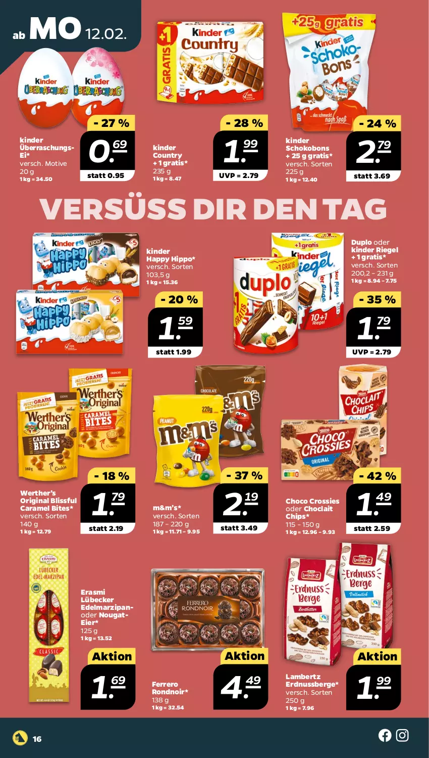 Aktueller Prospekt Netto - Woche 7 - von 12.02 bis 17.02.2024 - strona 16 - produkty: Amber, bites, caramel, chips, choclait chips, choco crossies, crossies, duplo, Edelmarzipan, eier, erdnuss, ferrero, gin, hipp, Kinder, kinder country, kinder riegel, Kinder Schokobons, lambertz, Lübecker, marzipan, nuss, riegel, schoko, Ti