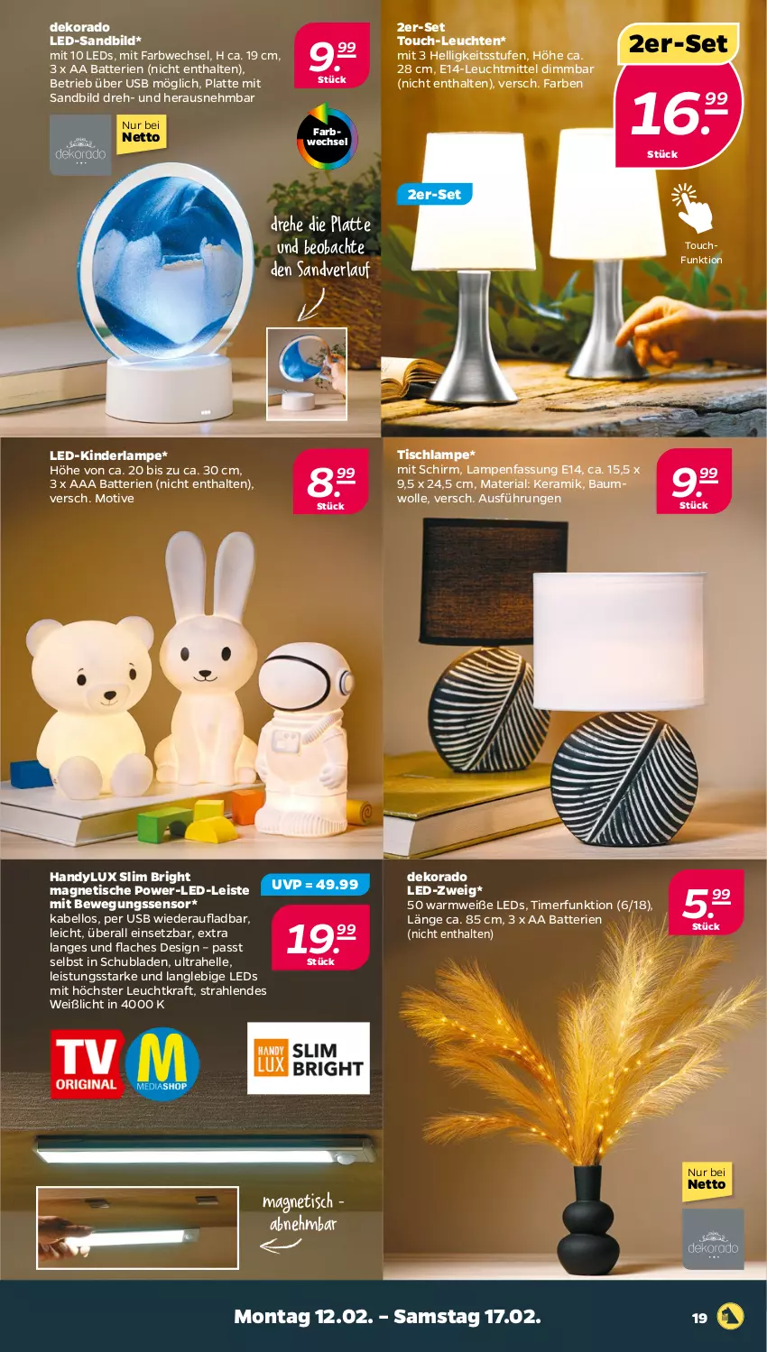 Aktueller Prospekt Netto - Woche 7 - von 12.02 bis 17.02.2024 - strona 19 - produkty: batterie, batterien, Bau, baumwolle, Bewegungssensor, eis, elle, Handy, Kinder, Kinderlampe, kraft, Lampe, latte, leds, Leuchte, leuchten, leuchtmittel, Ria, schubladen, Ti, timer, tisch, Tischlampe, usb, wolle