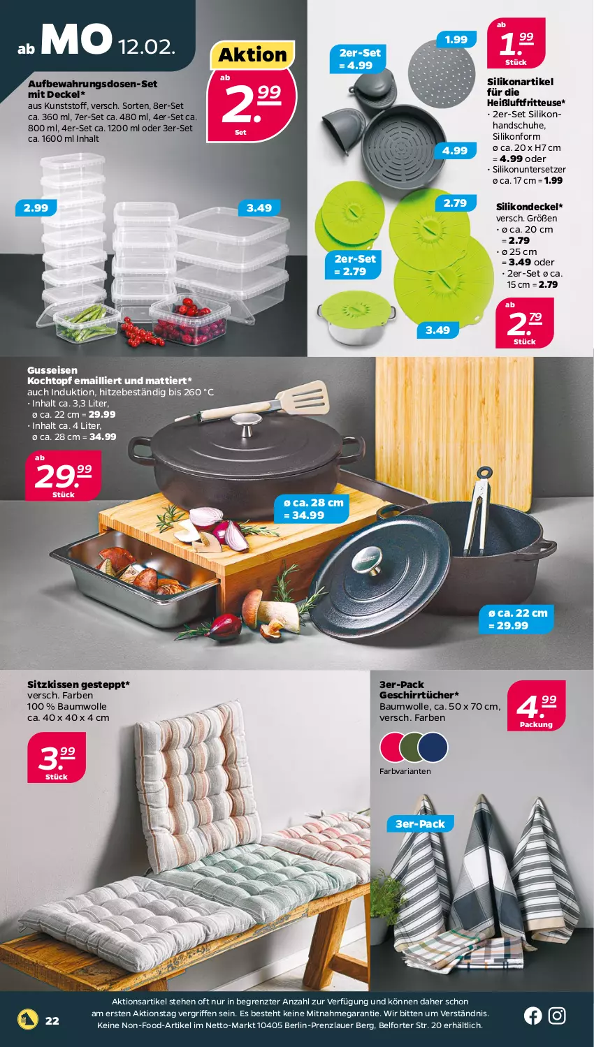 Aktueller Prospekt Netto - Woche 7 - von 12.02 bis 17.02.2024 - strona 22 - produkty: auer, Aufbewahrungsdose, Bau, baumwolle, decke, Deckel, eis, fritteuse, geschirr, geschirrtücher, handschuhe, Heißluftfritteuse, kissen, Kochtopf, Ria, schuhe, Silikonform, sitzkissen, Ti, topf, tücher, Untersetzer, wolle, ZTE